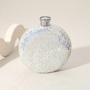 Abalone Silver 5oz Round Sparkling Rhinestone Crystal Flask Bling